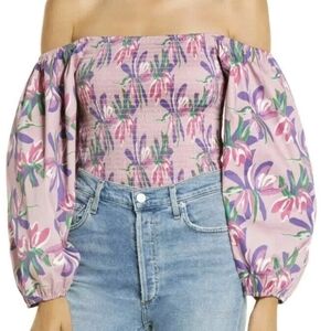 SZ S Wayf Mauve Floral Off-Shoulder Puff Sleeve Top
